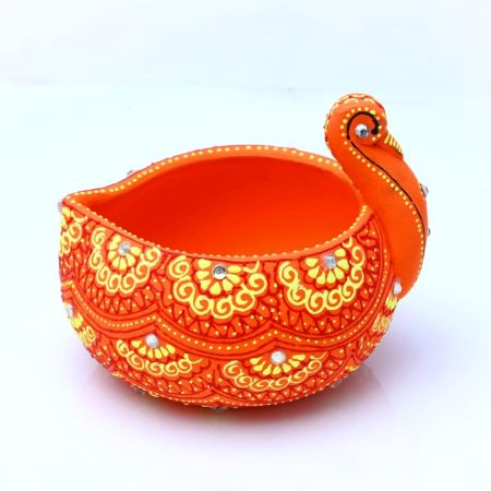 Handmade Washable Terracotta Modern Swan Diya Tealight T-Light Holder - Orange