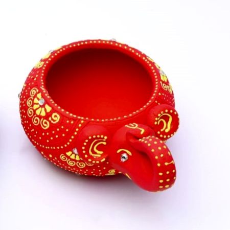 Handicraft Washable Terracotta Modern Elephant Diya Tealight T-Light Holder - Red