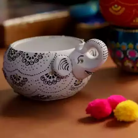 Handmade Washable Terracotta Modern Elephant Diya Tealight T-Light Holder - White