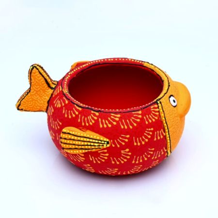 Handmade Washable Terracotta Modern Fish Diya Tealight T-Light Holder - Red