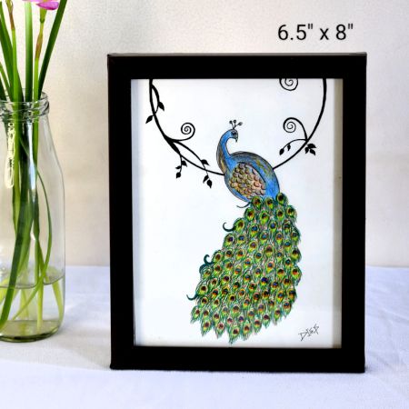 Peacock Mixed Media Peacock Art on Paper by Artist Dimpana | 6.5 x 8 Inches