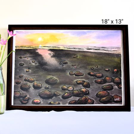 Sunset Sea Watercolor Painting on Paper by Artist Dimpana | 18 x 13 Inches