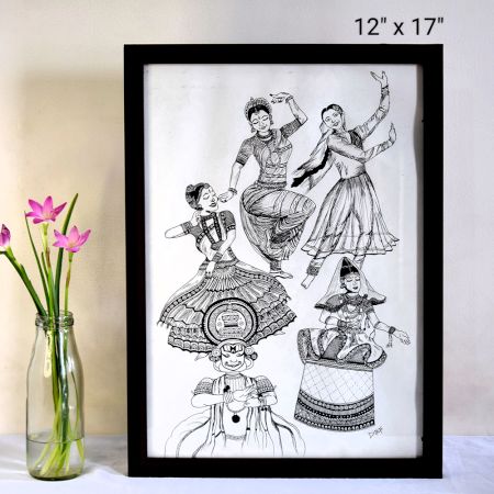 INDIAN DANCE FORMS – Pen Illustration Art on Paper by Artist Dimpana | 12 x 17 Inches