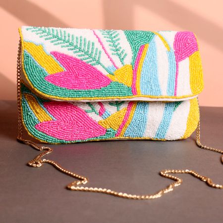 Tropical Vibes Hand-Beaded Sling Clutch with Gold Chain Strap | Multicolor Statement Bag