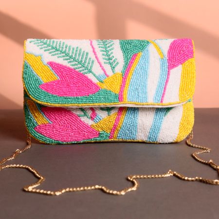 Tropical Vibes Hand-Beaded Sling Clutch with Gold Chain Strap | Multicolor Statement Bag