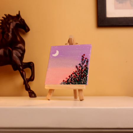 Mini Moonlight Sky Canvas Painting with Floral Silhouette