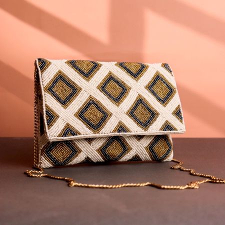 Luxury Geometric Beaded Clutch with Gold Chain Ivory, Gold & Black Diamond Pattern