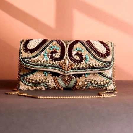 Boho Luxe Multicolor Hand-Beaded Clutch – Maroon, Mint & Natural Tones with Tribal Motifs