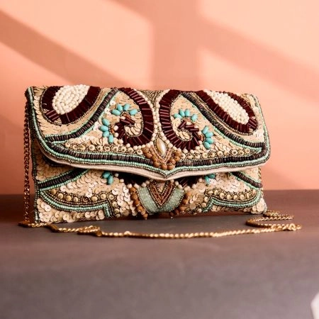 Boho Luxe Multicolor Hand-Beaded Clutch – Maroon, Mint & Natural Tones with Tribal Motifs