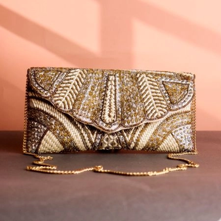 Crystal Vine Hand-Beaded Clutch – Gold, Ivory & Silver Art Deco Leaf Design