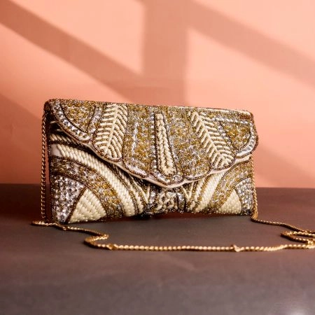 Crystal Vine Hand-Beaded Clutch – Gold, Ivory & Silver Art Deco Leaf Design
