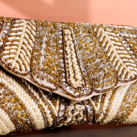 Crystal Vine Hand-Beaded Clutch – Gold, Ivory & Silver Art Deco Leaf Design