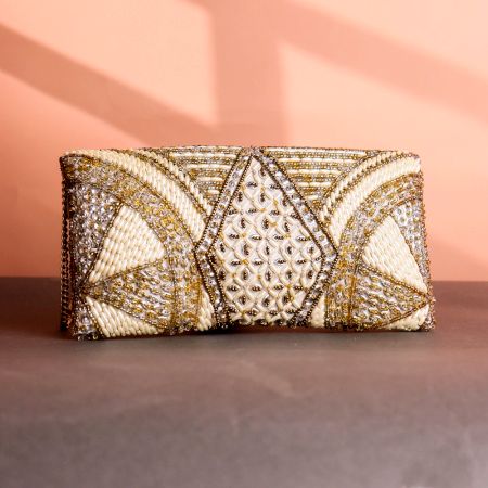 Crystal Vine Hand-Beaded Clutch – Gold, Ivory & Silver Art Deco Leaf Design