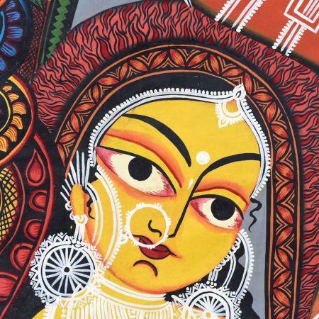 Handmade Bengal Pattachitra Natural Colors Painting of Goddess Durga on Cloth by Artist Sahajan Chitrakar