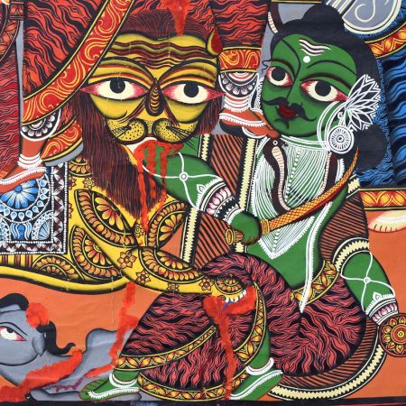 Handmade Bengal Pattachitra Natural Colors Painting of Goddess Durga on Cloth by Artist Sahajan Chitrakar