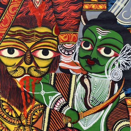 Handmade Bengal Pattachitra Natural Colors Painting of Goddess Durga on Cloth by Artist Sahajan Chitrakar