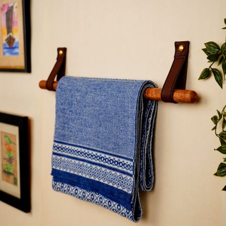 Rustic Wooden Towel Holder with Leather Strap Mount