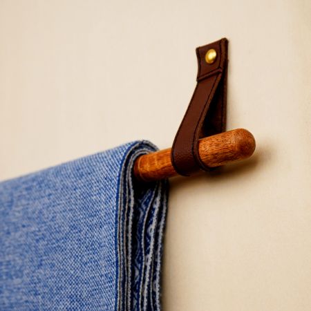Rustic Wooden Towel Holder with Leather Strap Mount