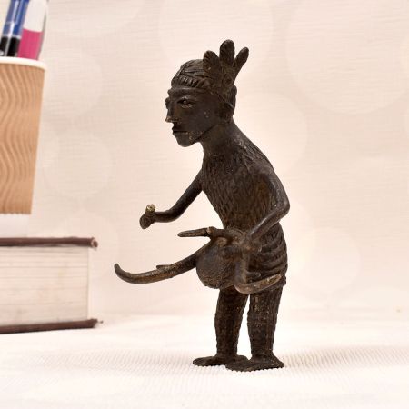 Vintage Naga Art Brass Statue of Man Playing Drum for Decor
