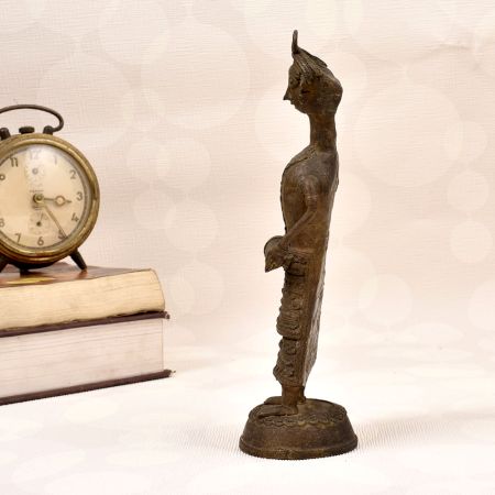 Vintage Brass Statue of Lady Figure Playing Drum in Dhokra Art