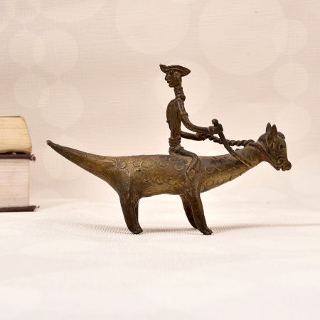 Indian Tribal Art Vintage Brass Statue of Animal with Rider
