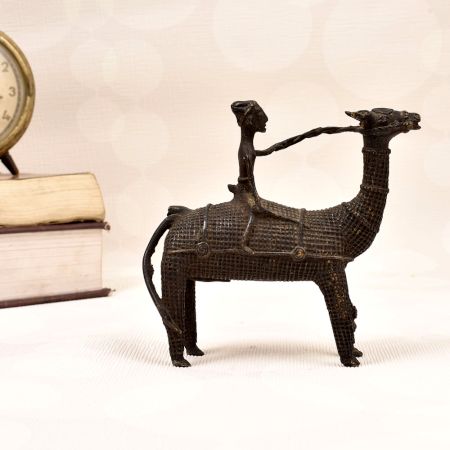 Handcrafted Vintage Brass Statue of Camel with Rider in Tribal Art