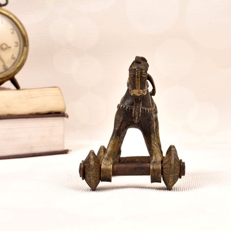 Handmade Vintage Brass Statue of Horse with Rider on Wheels