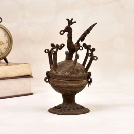 Peacock Carving Finest Brass Sindoor Box in Tribal Art