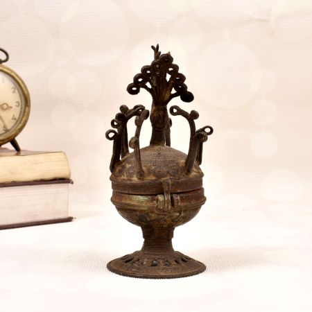 Peacock Carving Finest Brass Sindoor Box in Tribal Art