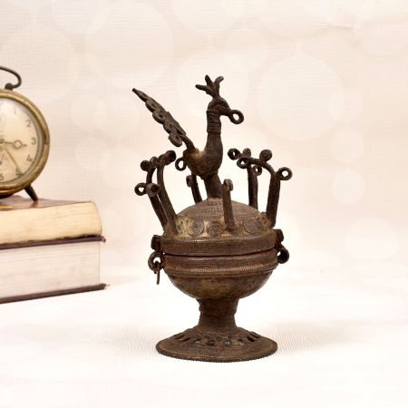 Peacock Carving Finest Brass Sindoor Box in Tribal Art