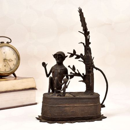 Vintage Brass Statue of Two Monkey Sitting Under Tree for Decor