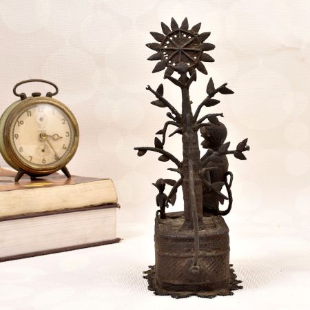 Vintage Brass Statue of Two Monkey Sitting Under Tree for Decor