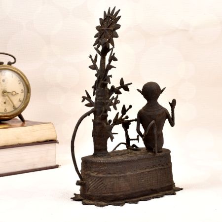 Vintage Brass Statue of Two Monkey Sitting Under Tree for Decor