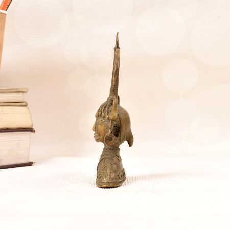 Traditional Folk Brass Female Bust Statue with Horns in Tribal Art