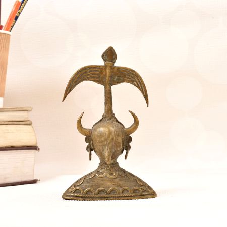 Traditional Folk Brass Female Bust Statue with Horns in Tribal Art