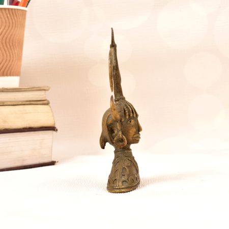 Traditional Folk Brass Female Bust Statue with Horns in Tribal Art