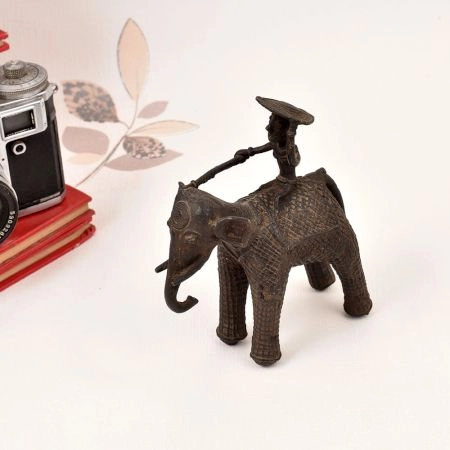 Tribal Art Handcrafted Brass Elephant with Rider in Vintage Finish