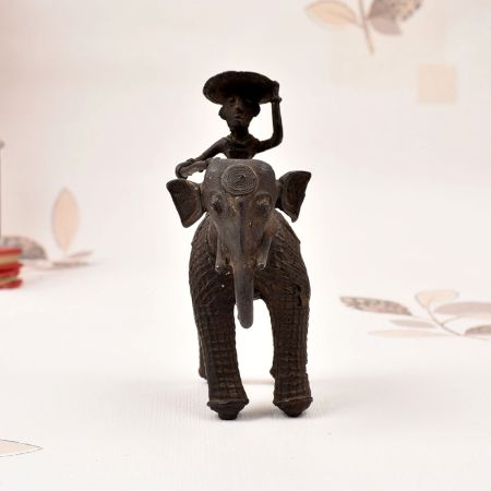 Tribal Art Handcrafted Brass Elephant with Rider in Vintage Finish
