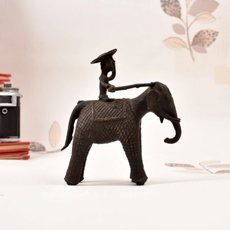 Tribal Art Handcrafted Brass Elephant with Rider in Vintage Finish