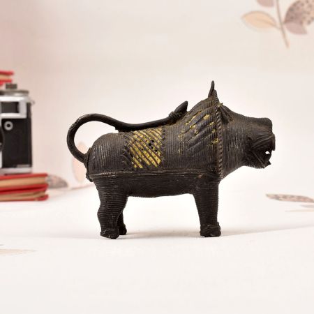 Handmade Vintage Brass Tribal Lion Statue in Odisha Art