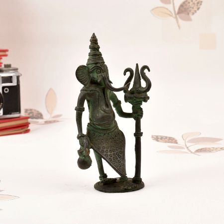 Finest Tribal Brass Lord Ganesha Statue with Trident and Kamandal