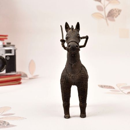 Gond Art Brass Statue of Horse with Rider in Vintage Finish