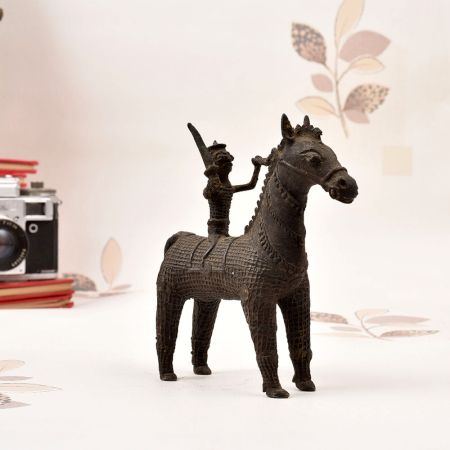 Gond Art Brass Statue of Horse with Rider in Vintage Finish