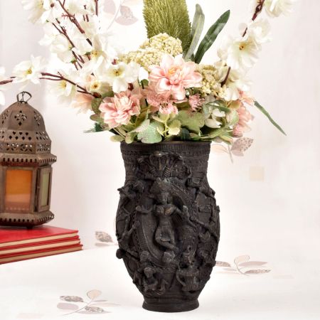 Tribal Art Brass Flower Pot with Engraving in Dark Finish