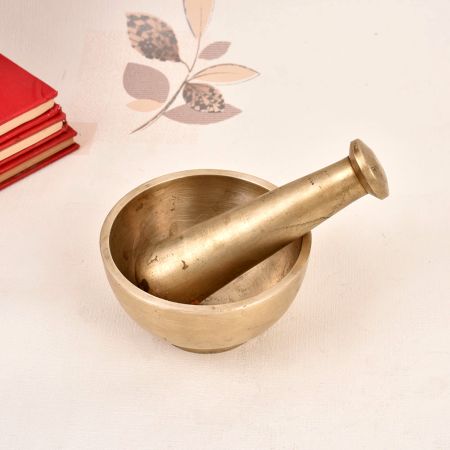 Indian Handcrafted Brass Pestle and Mortar in Vintage Finish