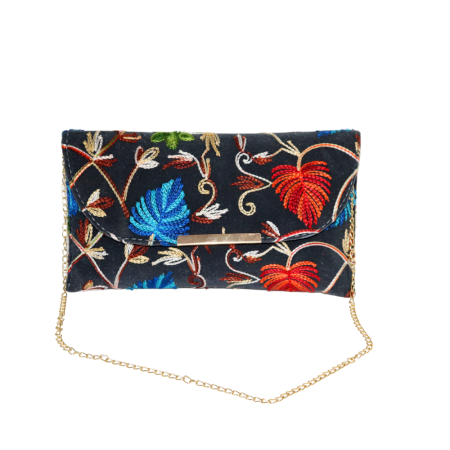 Cotton Embroidered Clutch Bag with Gold Chain in Vibrant Floral Design