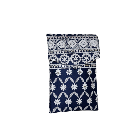 Navy Blue Floral Design Cotton Clutch Bag with Mirror Work and Gold Chain