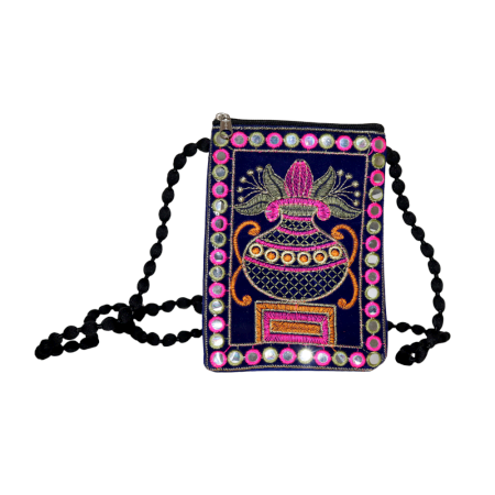 Cotton Mirror Work Hand Bag with Colorful Embroidery and Beaded Chain