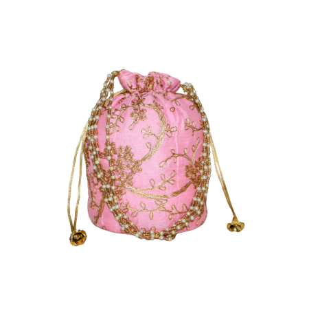 Handmade Pink Cotton Potli Bag with Beadwork and Gold Embroidery