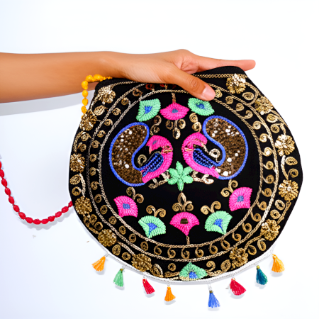 Cotton and Beads Embroidered Handbag with Colorful Tassels